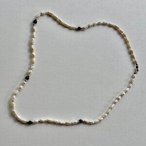 Freshwater Rice Pearl 14K Yellow Gold Black Onyx Beaded Station Necklace 18.5"